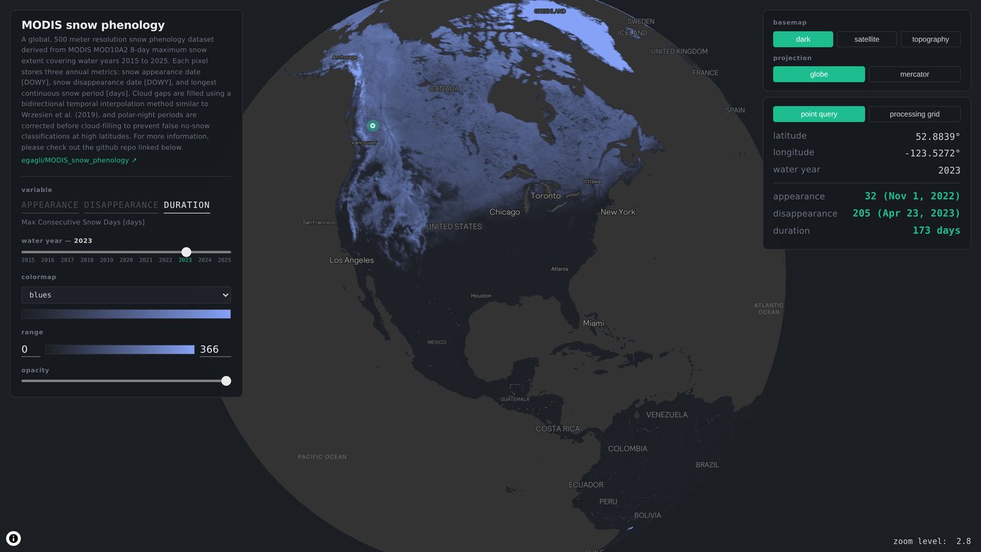 MODIS snow phenology viewer: snow duration across North America, water year 2023
