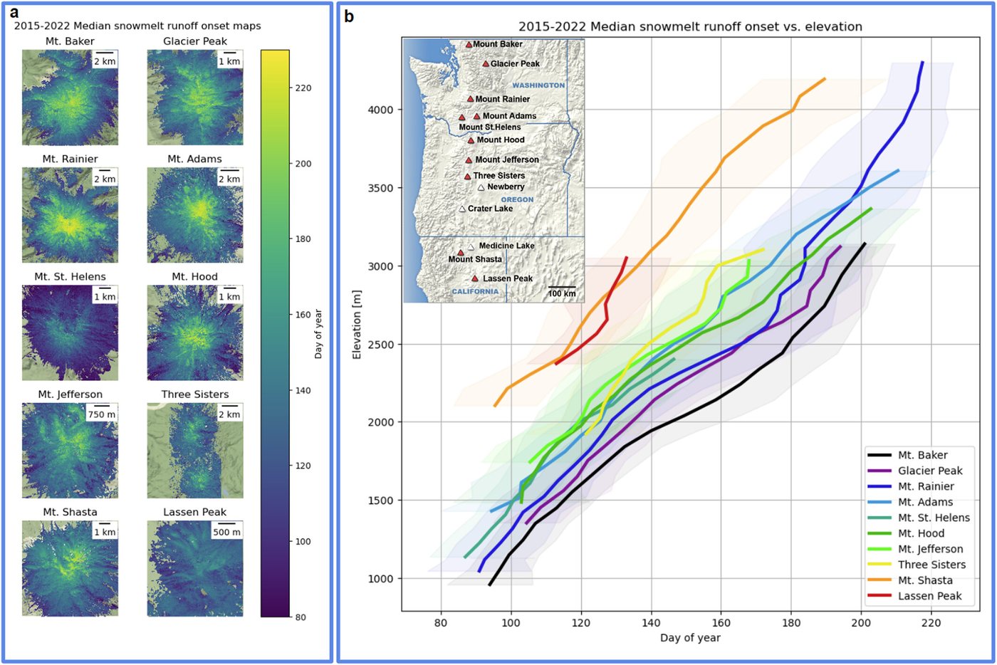 Median snowmelt runoff onset maps for Cascade volcanoes and onset date against elevation