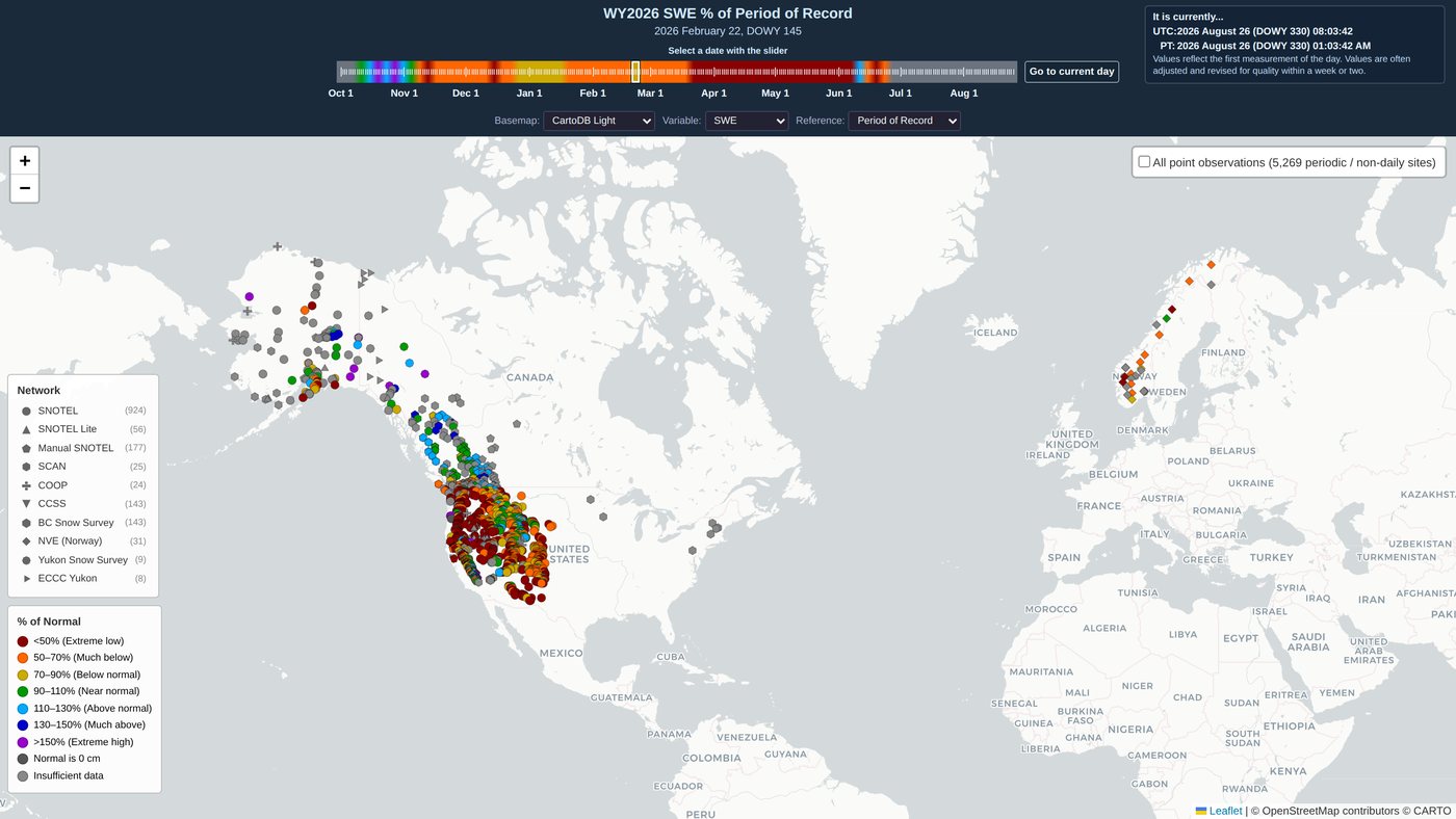 Global snow networks map: station SWE as a percent of the period-of-record median