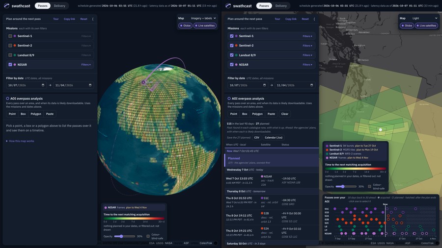 swathcast map in dark mode: NISAR frames on a satellite-imagery globe, coloured by time to next acquisition, beside all four missions' footprints over Mt. Rainier with a timeline of past and planned passes