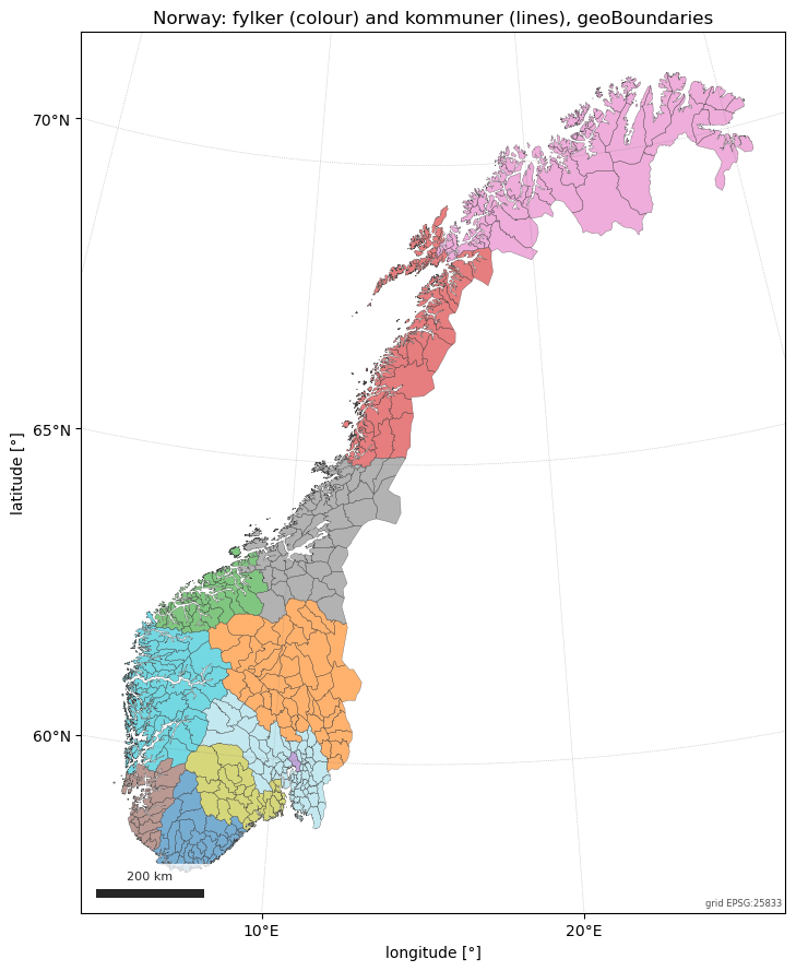 Norway: fylker (colour) and kommuner (lines), geoBoundaries