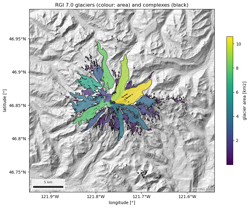 RGI 7.0 glaciers (colour: area) and complexes (black)