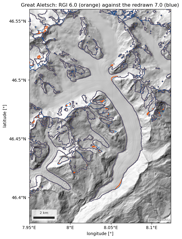 Great Aletsch: RGI 6.0 (orange) against the redrawn 7.0 (blue)