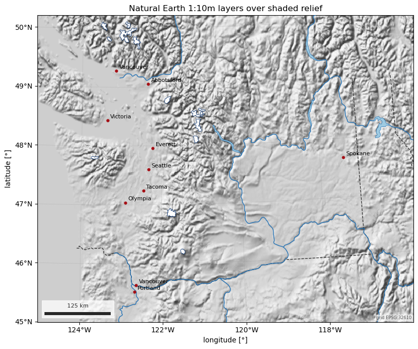 Natural Earth 1:10m layers over shaded relief